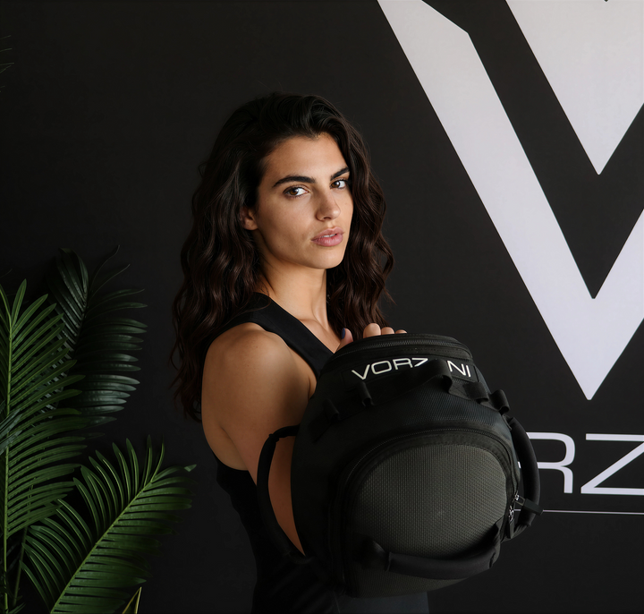 VORZANI Fit Sphere (11.5 inch) at the shoulder — webbing handles and side grips in detail